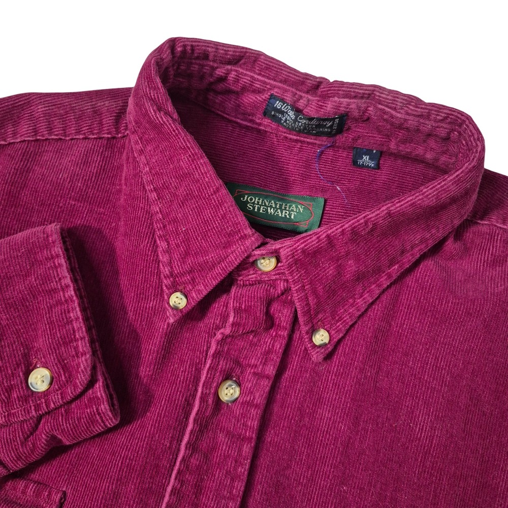 Johnathan Stewart Shirt Mens XL Burgundy 16 Wale Corduroy Button Up Vtg 80s 90s